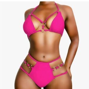 Chic Magenta Women's Ring-Detail Bikini Set